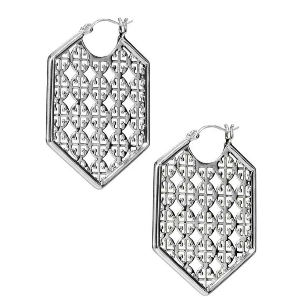 Tory Burch Logo Silver Hexagon Hoop Earrings